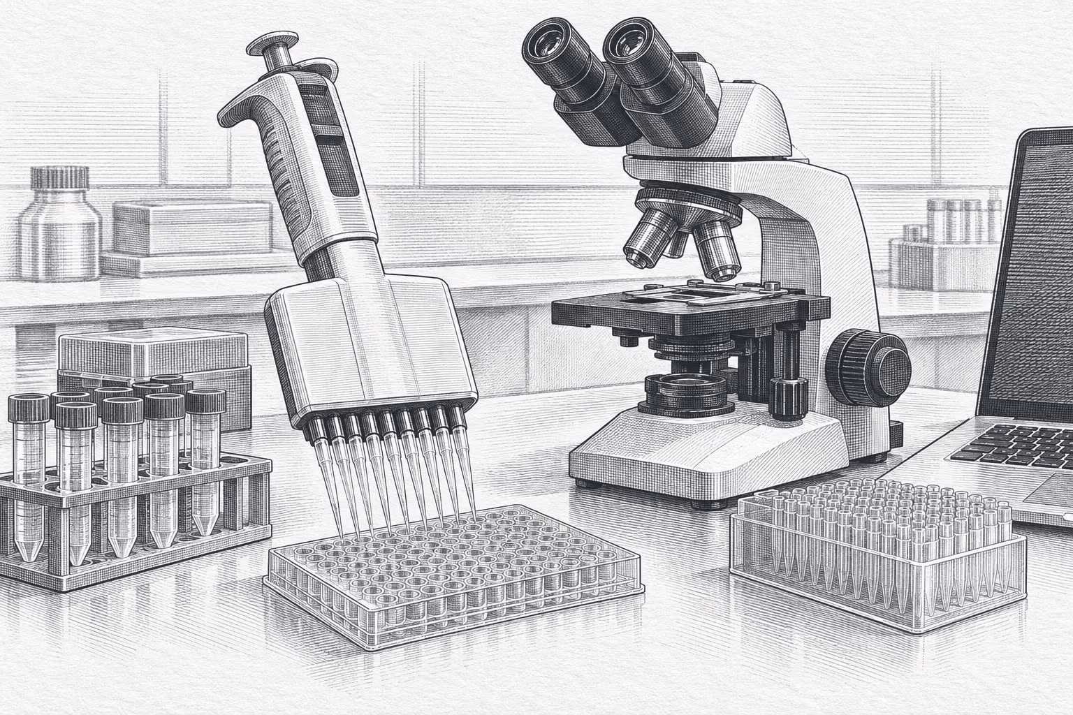 Tegning af et laboratoriebord med pipette og mikroskop