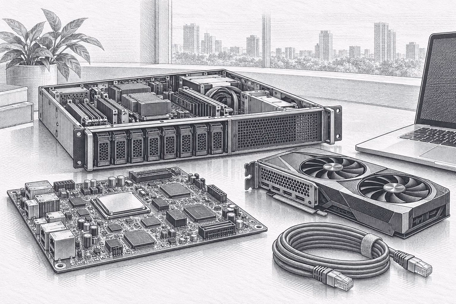 Tegning af servermodul, grafikkort og printplade